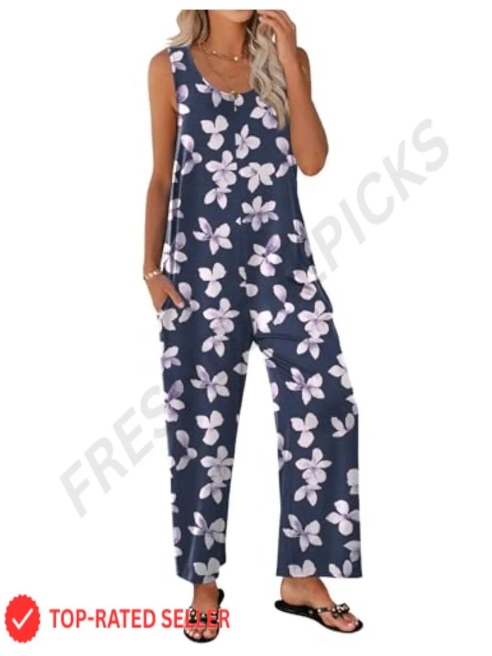 Women's Casual Summer Sleeveless Wide Leg Jumpsuit Romper with Pockets